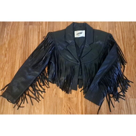 Womens Tip Top Cropped Leather Jacket W Fringe Black Open Front Western Ranch M - Picture 1 of 7